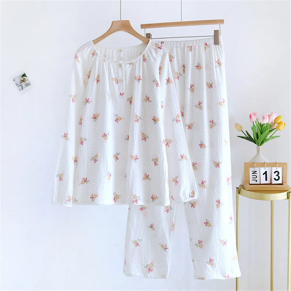 

Summer Cotton Pajamas Set Cute Sweet 2 Piece O-Neck Pullover Pants Loose Casual Pajama Suit