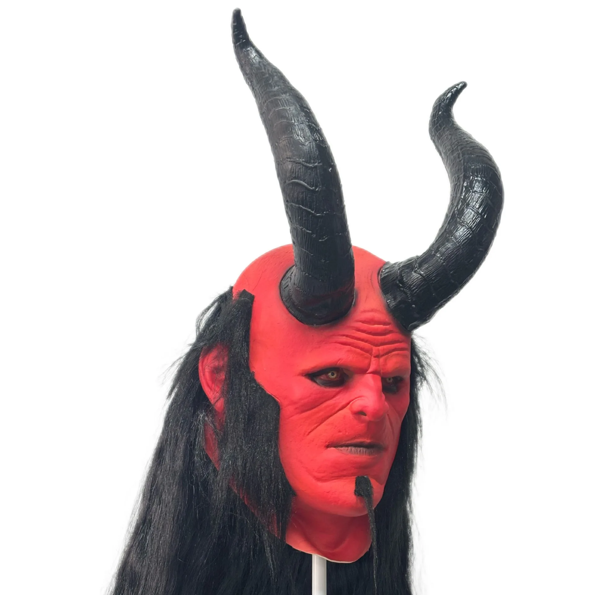 Rote Dämonen-Vollkopf-Latexmaske mit langen schwarzen Haaren, großem Horn, Monstermaske für Erwachsene, Halloween-Cosplay, Maskerade, Karnevalsparty-Requisite – Detail 4
