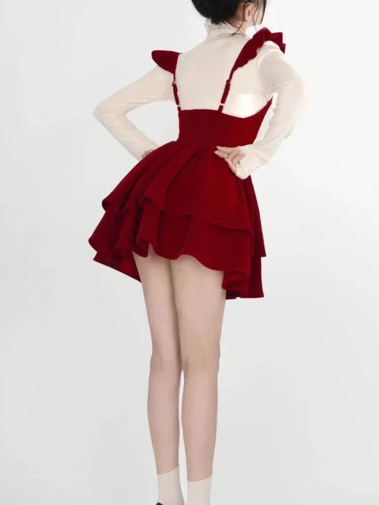 Velvet Red Kawaii Christmas Dress Female Black Sweet Vintage Suspender Dress Women Korean Style Mini Dress Autumn Winter 2023