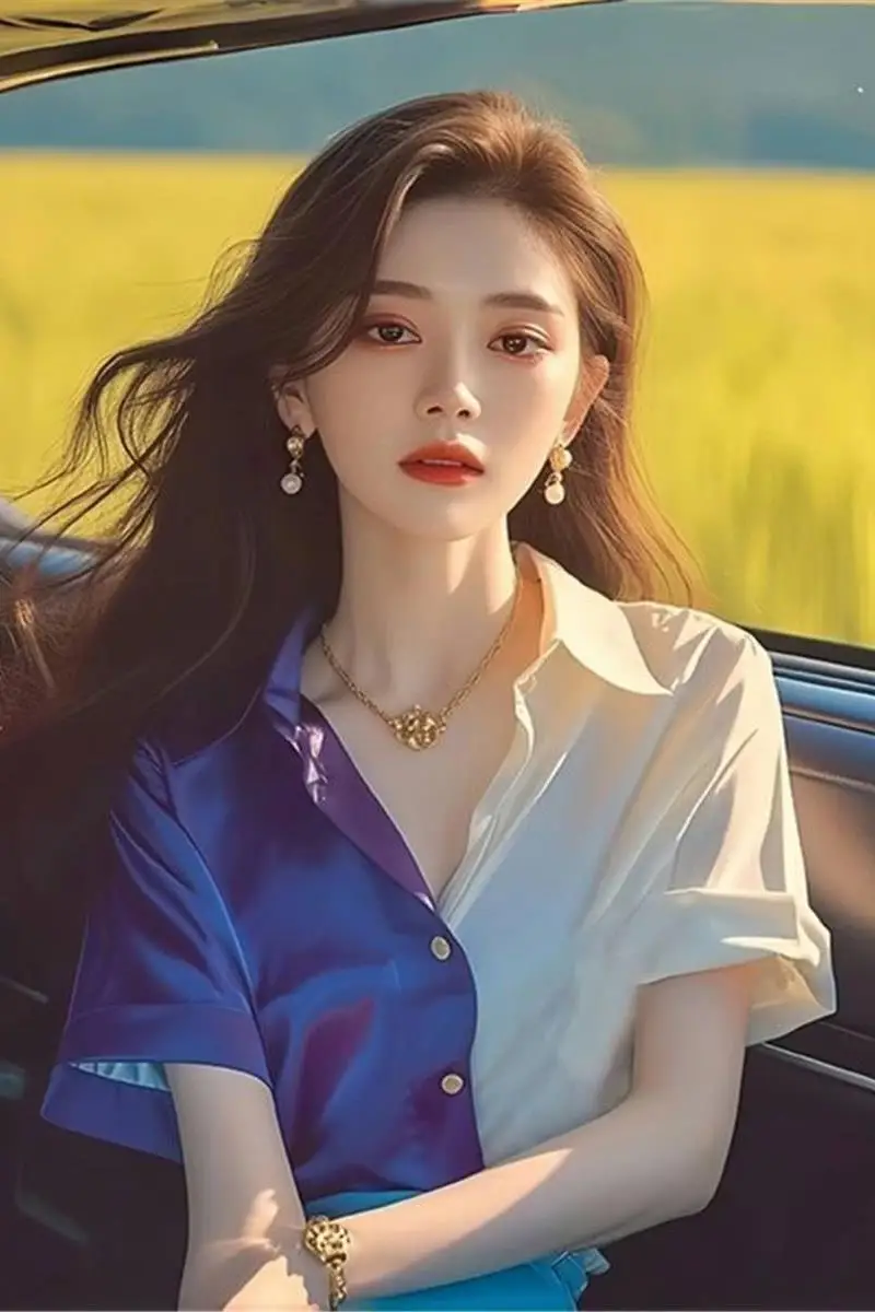 

Summer Color-blocked Satin Short Sleeve Blouse New Fashion Women's Top
