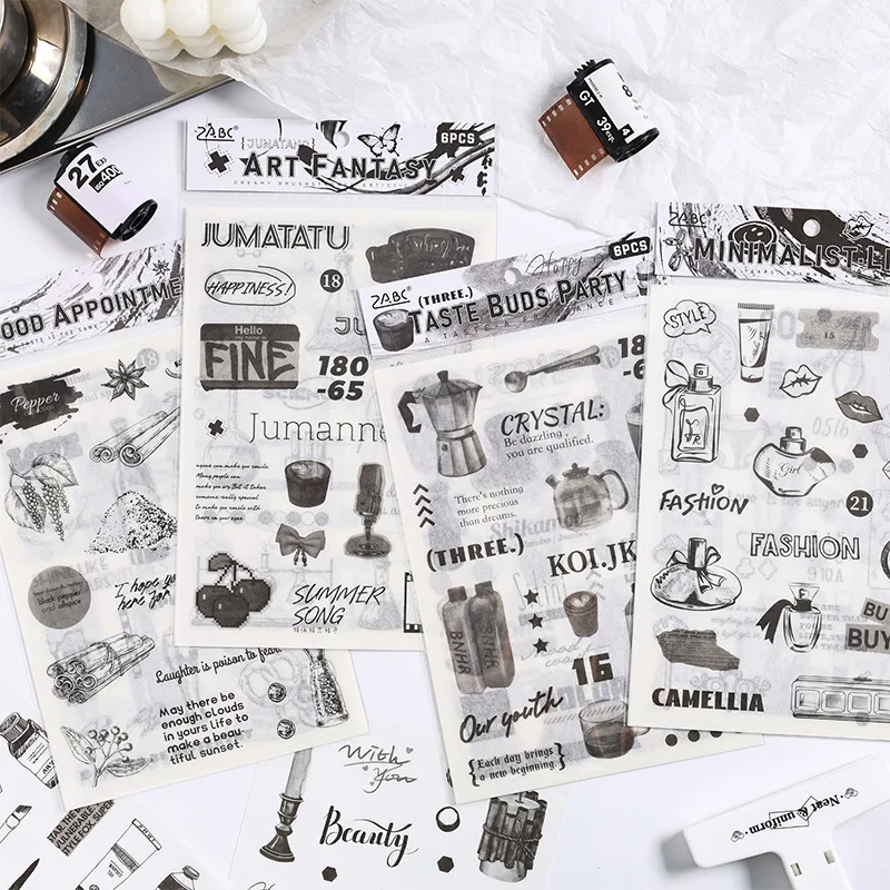 6 Pcs/Pack Elegant Black & White Series Die-Cut Stickers, Vintage Monochrome Collage Supplies for Journal Scrapbook
