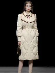 Thickened Down Jacket High Quality Long Coat Winter New Elegant Doll Collar Bow Waist Lace-Up Slim White Duck Downs Coats Women
