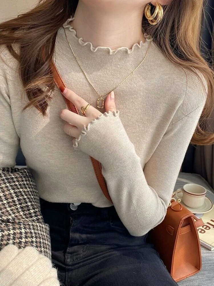 2026 Autumn Winter Mustard Green Turtleneck Sweater Women Knit Pullover Trendy Elegant Long Sleeve Ruffle‑Trimmed Slim Top