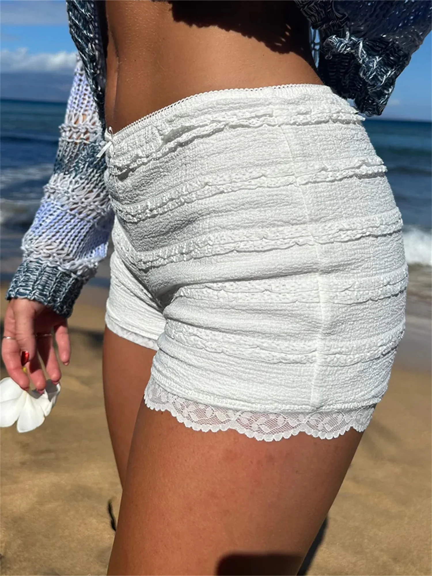 wsevypo Fairycore Cute White Lace Hem Shorts for Women Girls Bow Elastic Band Slim Fit Short Pants Streetwear Aesthetic Clothes