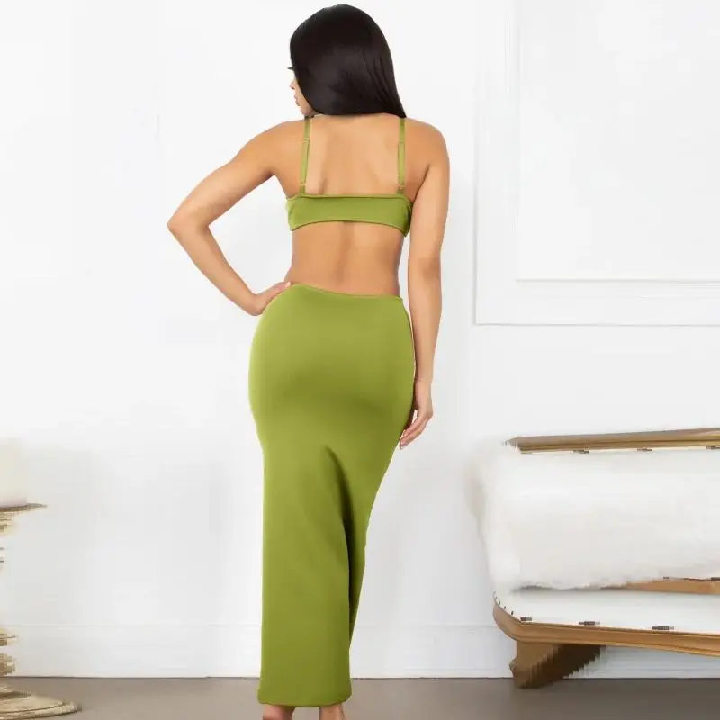 HQBORY elegante vestido largo verde militar con vendaje para mujer, vestido con abertura en la cerradura, sexy, con cuello en V, con lazo, para fiesta de noche, Vestidos tejidos ajustados