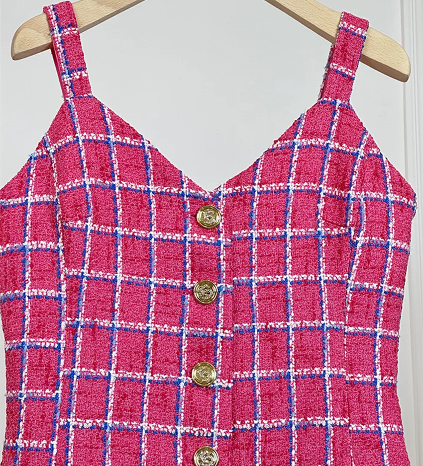 High Quality 2024 New Autumn Rose Red Plaid Tweed Single Breasted Dress Fashion Sweet Women Spaghetti Strap Casual Loose Vestido image 5