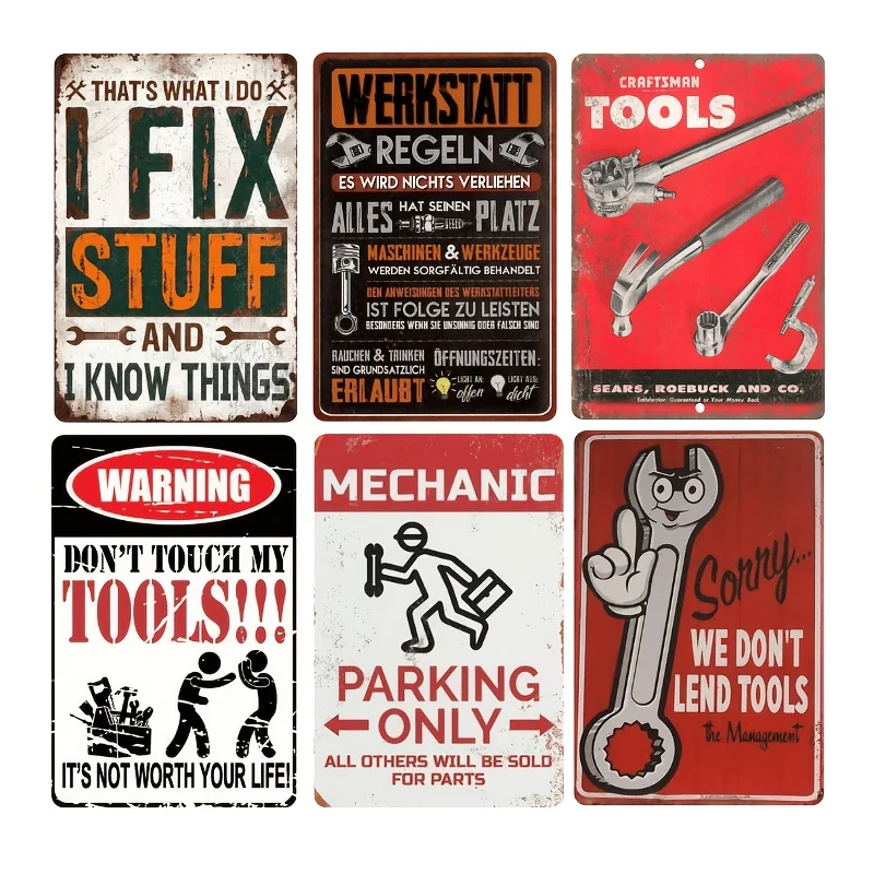 [2D Flat][2D Flat] 6pcs Vintage Mechanic Garage Metal Signs, Garage Sign Tool Rules Signs Garage Wall Decor Funny Tool Rules Rus