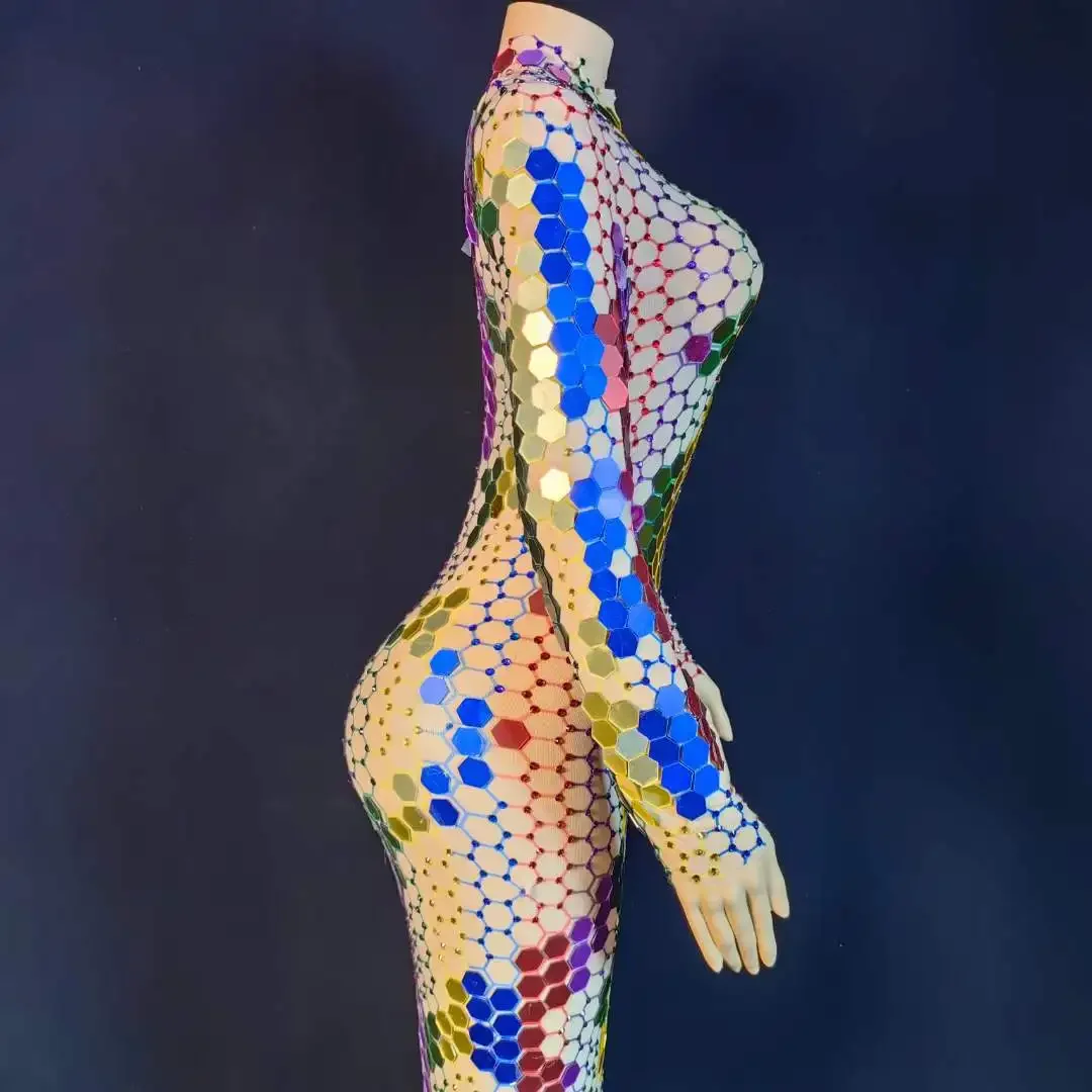 أداء المغني الزي فساتين مرآة ملونة الترتر فستان طويل تمتد المرحلة ارتداء الملونة شبكة عيد ميلاد الملكة القماش