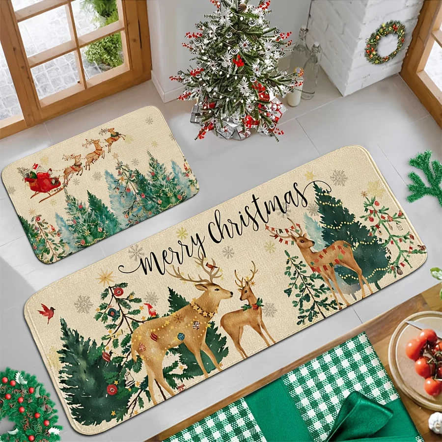 Vintage Reindeer Kitchen Runner Rug Entryway Area Rug 1/2/3pcs Set Bedroom Living Room Laundry Floor Mat Sweet Holiday Doormat