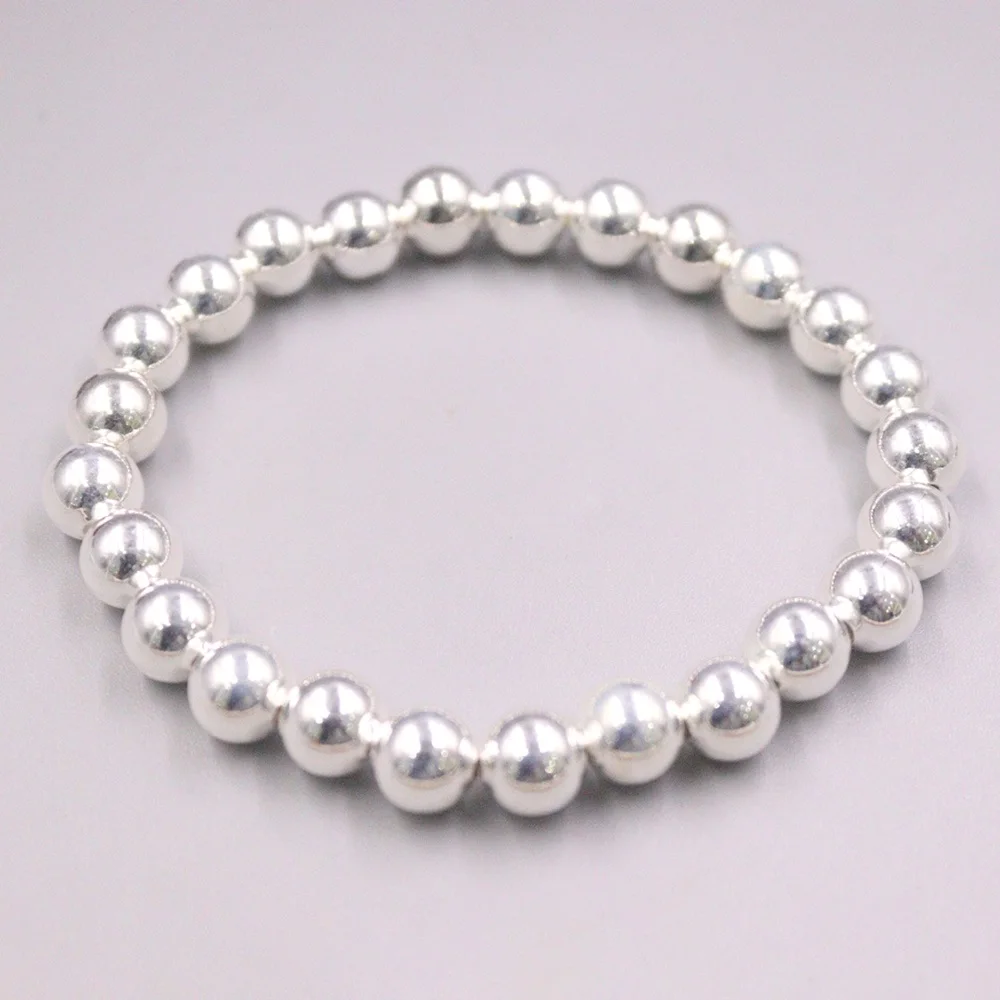 Real Pure 999 Fine Silver Bangle Women 8mm Glossy Round Beads Bracelet 18-19g