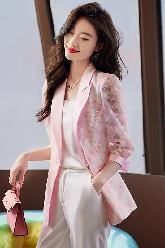 

​​Printed Mesh Blazer Women Summer 2025 Lightweight Cropped Jacket Chic Casual Fashion Openwork Office Coat​​