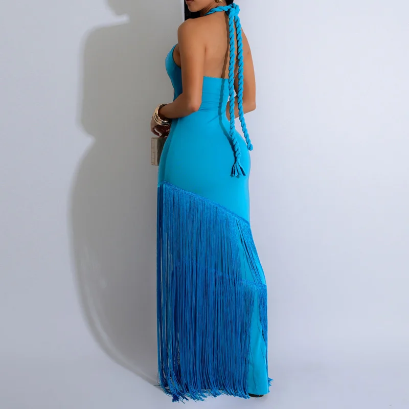 فستان Slergiri النسائي المثير ذو الرسن 2025 جديد بدون أكمام بدون ظهر متين للحفلات المسائية فساتين طويلة بشراشيب