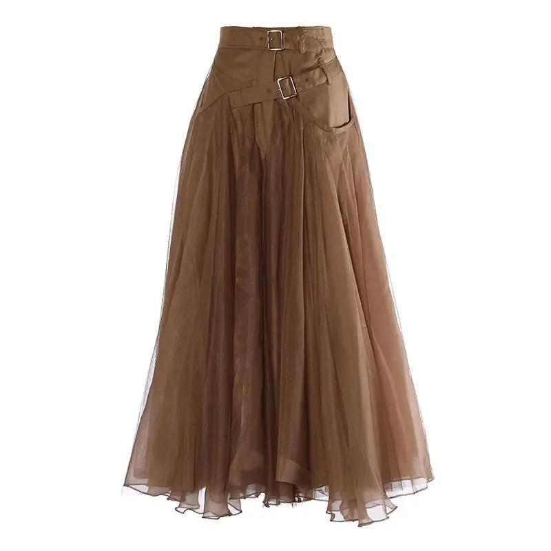 New high waisted khaki half skirt with fashionable temperament, mesh skirt with irregular pattern  pink skirt