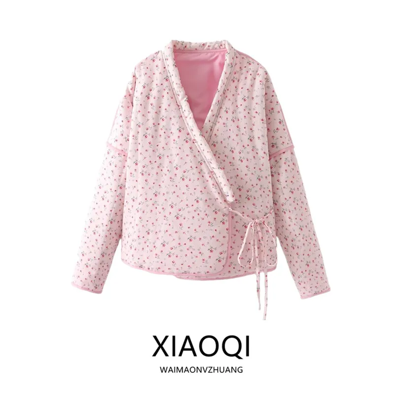 

Loose Floral Print Belted Pink Women's Cotton Jaet Autumn Winter New Sle Casual Versatile Design Sensation ort Outerwear