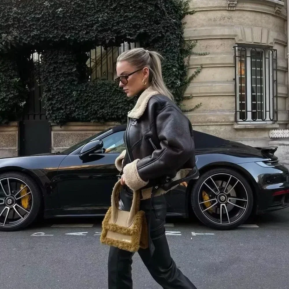 벨트 모토 바이커 두꺼운 따뜻한 양가죽 코트 아우터 인조 양가죽 퍼 숏 재킷 겨울 여성 스트리트웨어 PU 가죽 재킷