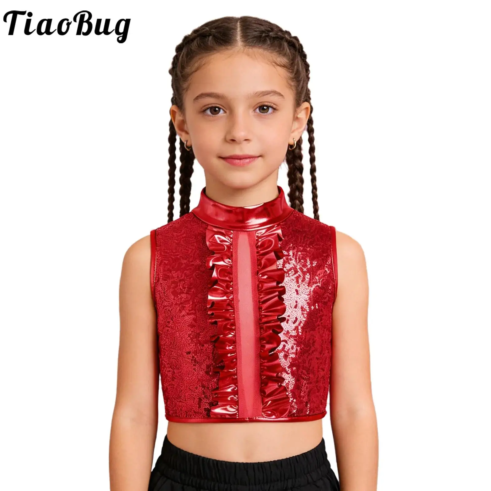

Kids Girls Sparkly Sequin Jazz Street Hip Hop Dance Vest Top Sleeveless Metallic Zipper Ruffles Crop Top for Dancing Performance