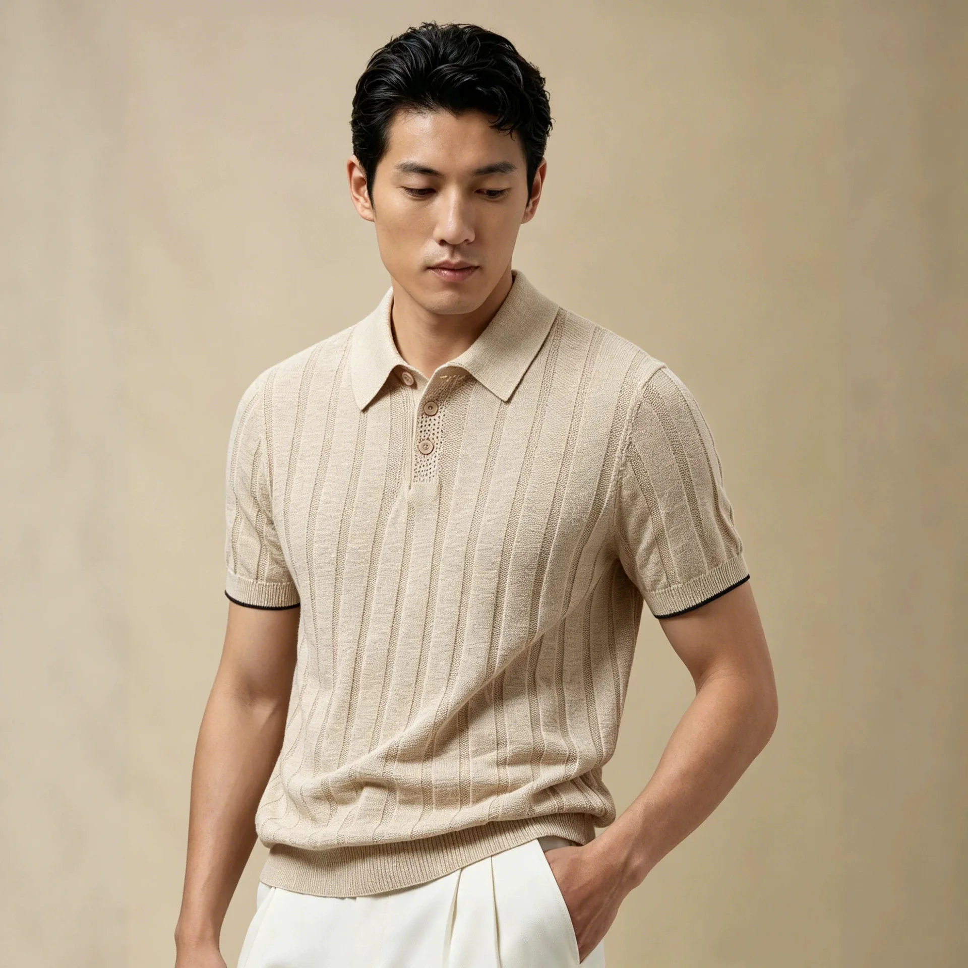 Italian Retro Old Money Style 70% Linen Breathable Moisture-Wicking Hollow-Out Knit Polo Shirt Summer Men's Business T-Shirts