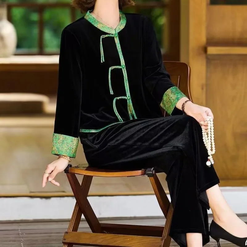 Middle-aged Elderly Mother's Golden Velvet Sets New Spring Autumn Long Sleeve Cardigan Jacket + Long Pants 2PCS Women Outfits