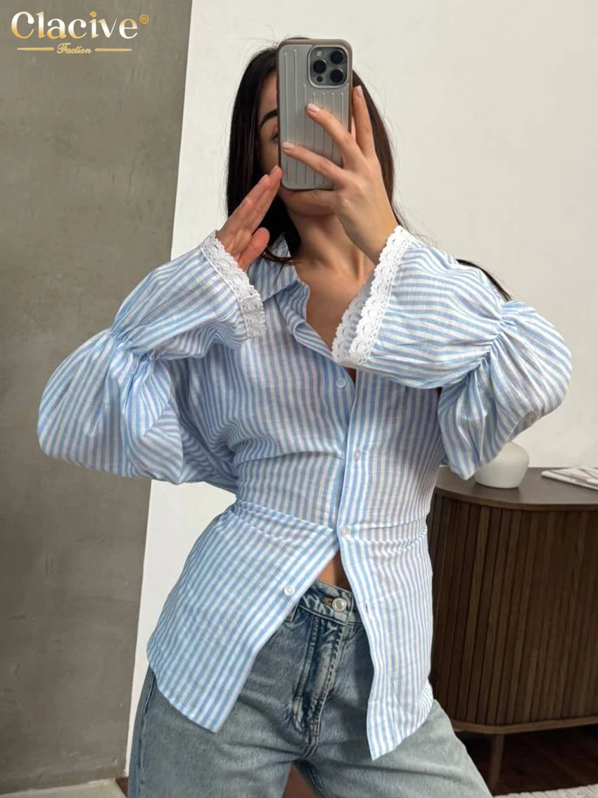 

Clacive Fashion Loose Pink Stripe Women's Blouse 2026 Autumn Lapel Long Sleeve Lady Shirt Elegant Classic Top Female Clothing