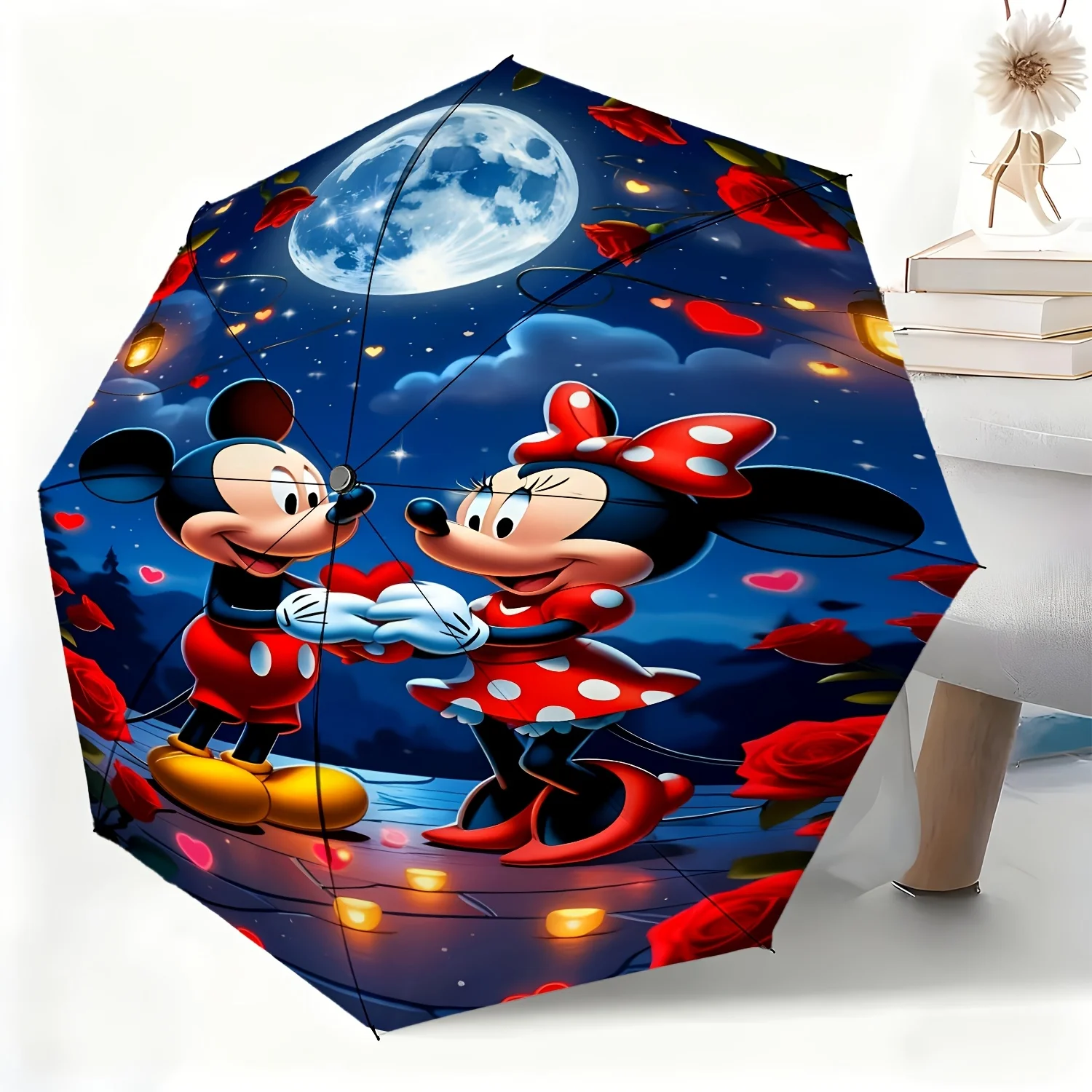 

1pc Disney Mickey and Minnie Romantic Theme Automatic Umbrella, All-Occasion Dual-Use Umbrella for Rain or Shine, Portable Fol