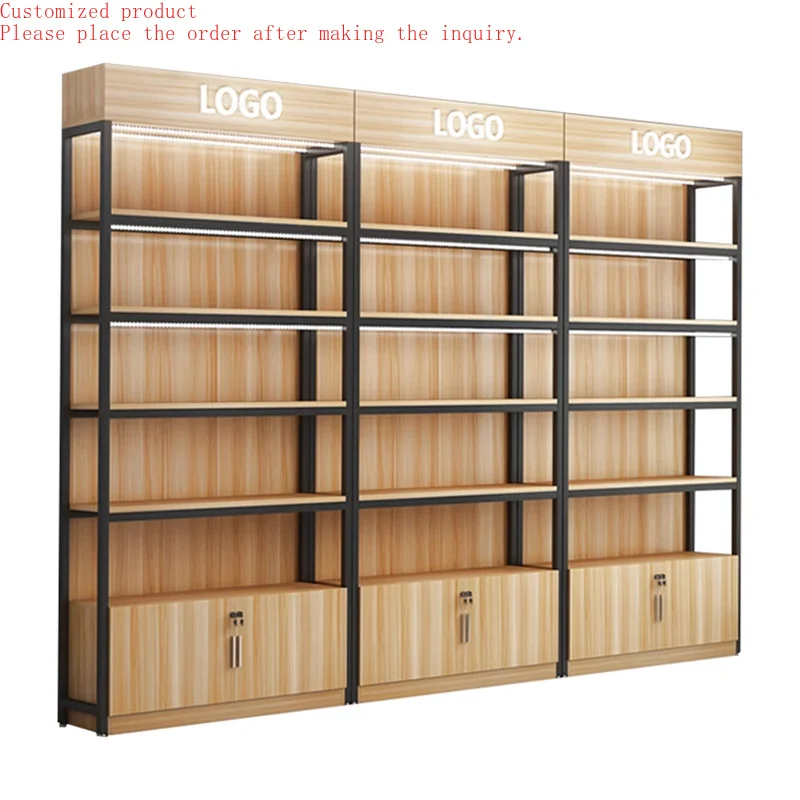 

Custom.Double-Sided Display Shelves Iron Wood Frames New Design with Trend Supermarket Storage Metallic Steel Multifunctional Ra