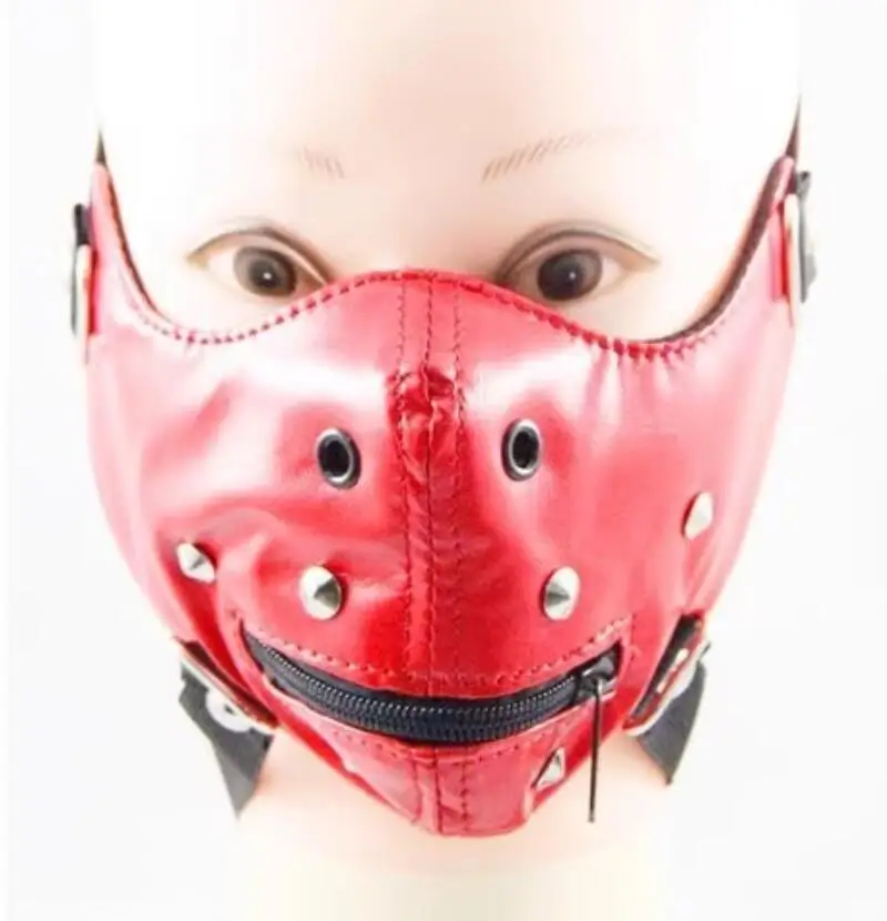 Men Women's Black Red PU Leather Rivet Zipper Rock Mask Lady's Breathable Party Cosplay Halloween Mouth-muffle R1949