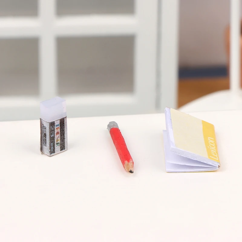 Conjunto de Miniaturas para Casa de Bonecas 1:12: Caderno, Lápis e Borracha, Brinquedo de Faz de Conta Infantil e Decoração para Casa de Bonecas