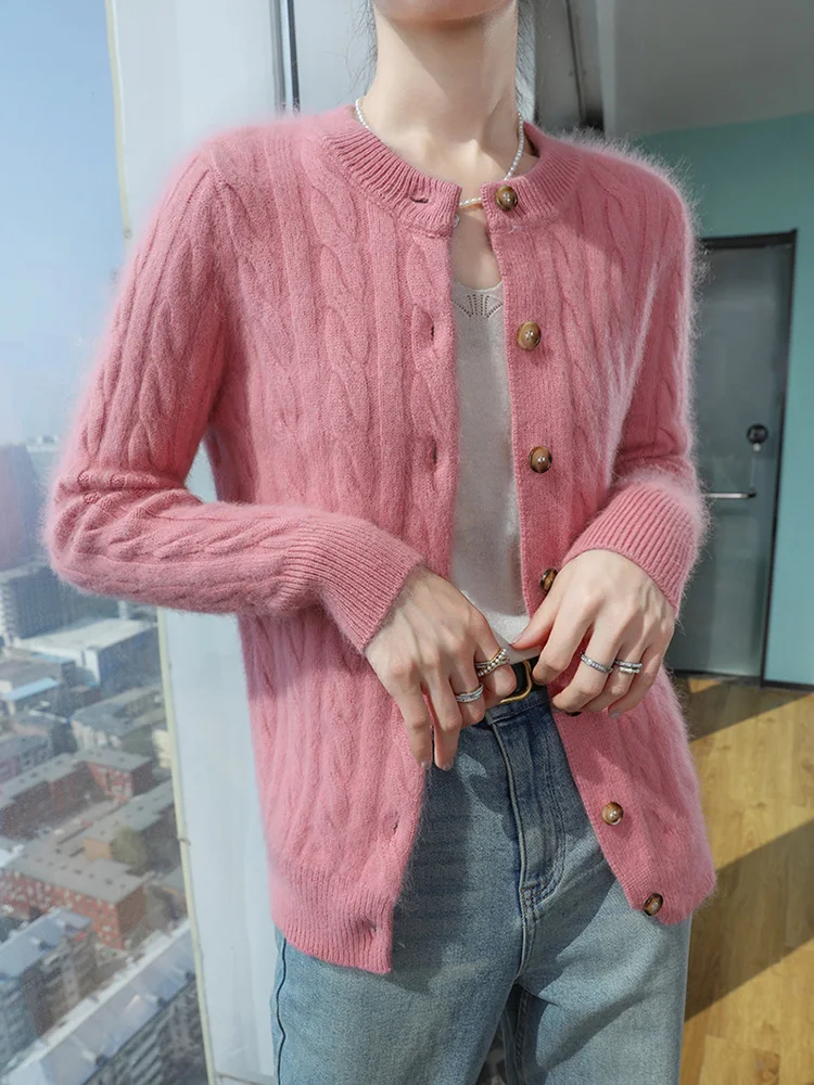 

Women Sweater Cardigans O-neck 100% Mink Cashmere Knitwear Autumn Winter Twist Flower Long Sleeve Thick Warm Female Clothing Top