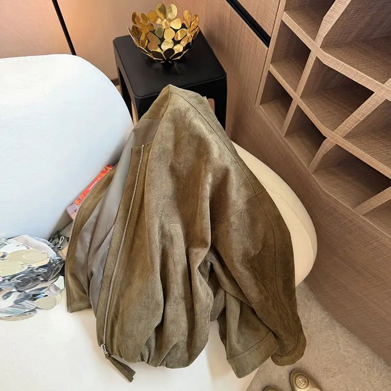 Retro Suede Zipper Short Jacket for Women in Autumn 2025 Loose Style Sweet and Cool Round Neck Coat Female Clothing