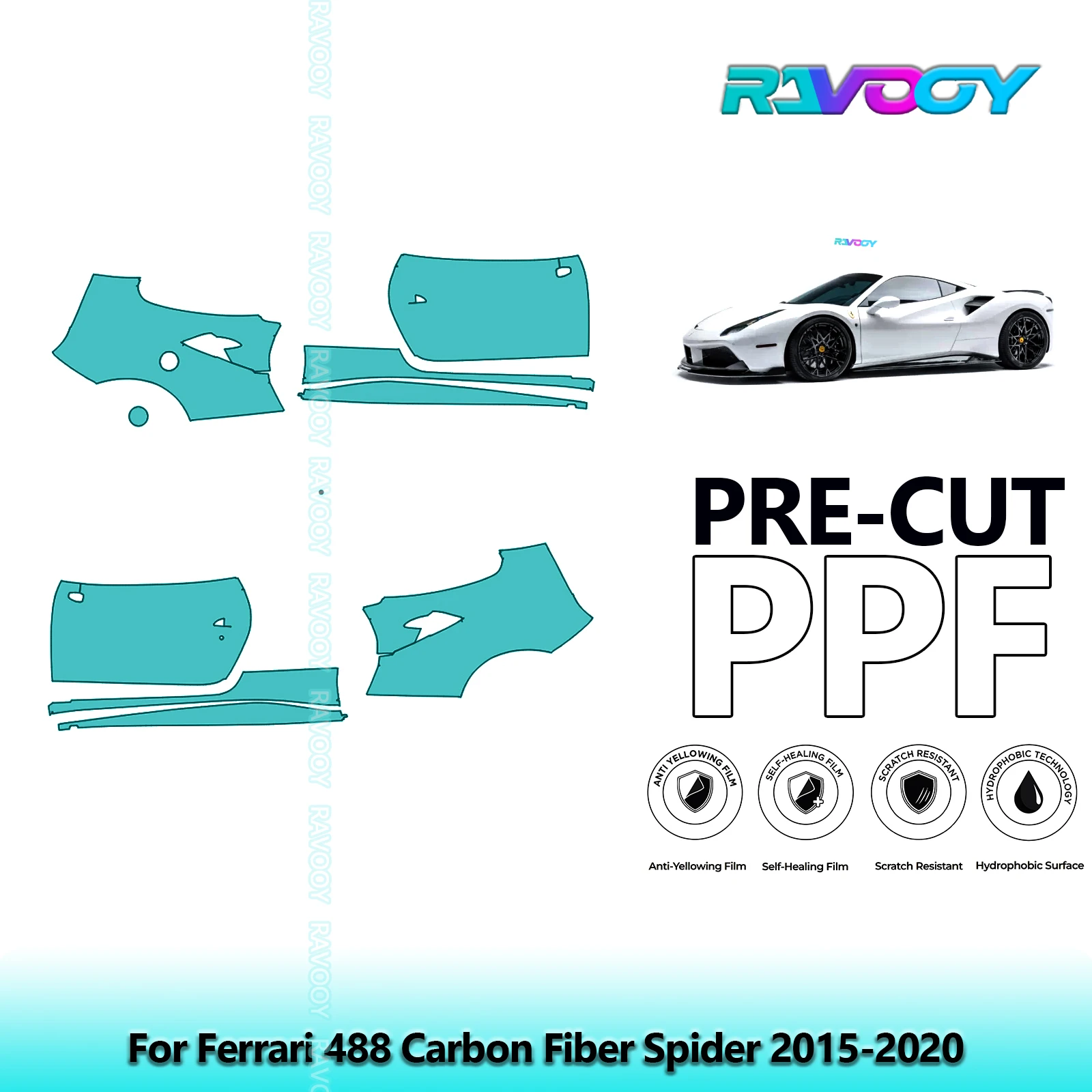 

For Ferrari 488 Carbon Fiber Spider 2015-2020 8.5mil Clear Matte Pre-Cut PPF Door & A/B Pillar Kit TPU Paint Protection Film Set