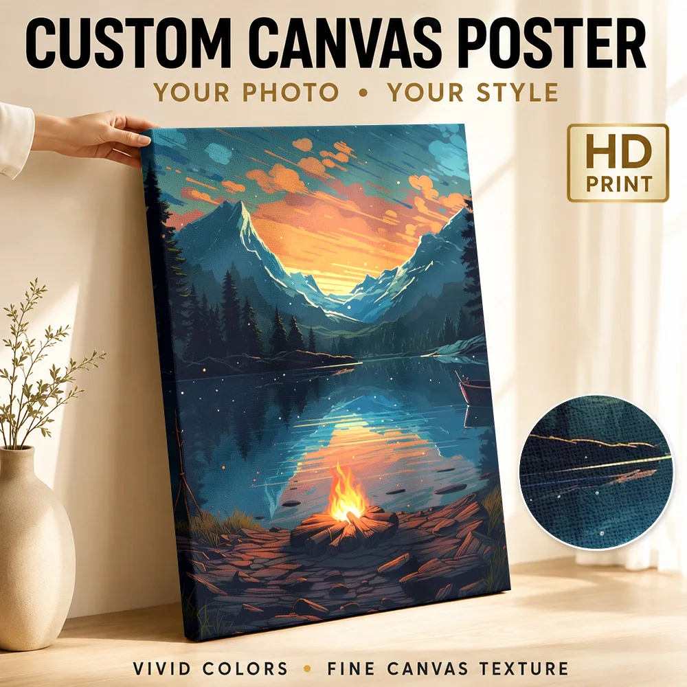 Mountain Lake Campfire Landscape Canvas Print With Wooden Frame Personalized Photo Warm Evening Scenic Wall Art For Living Room