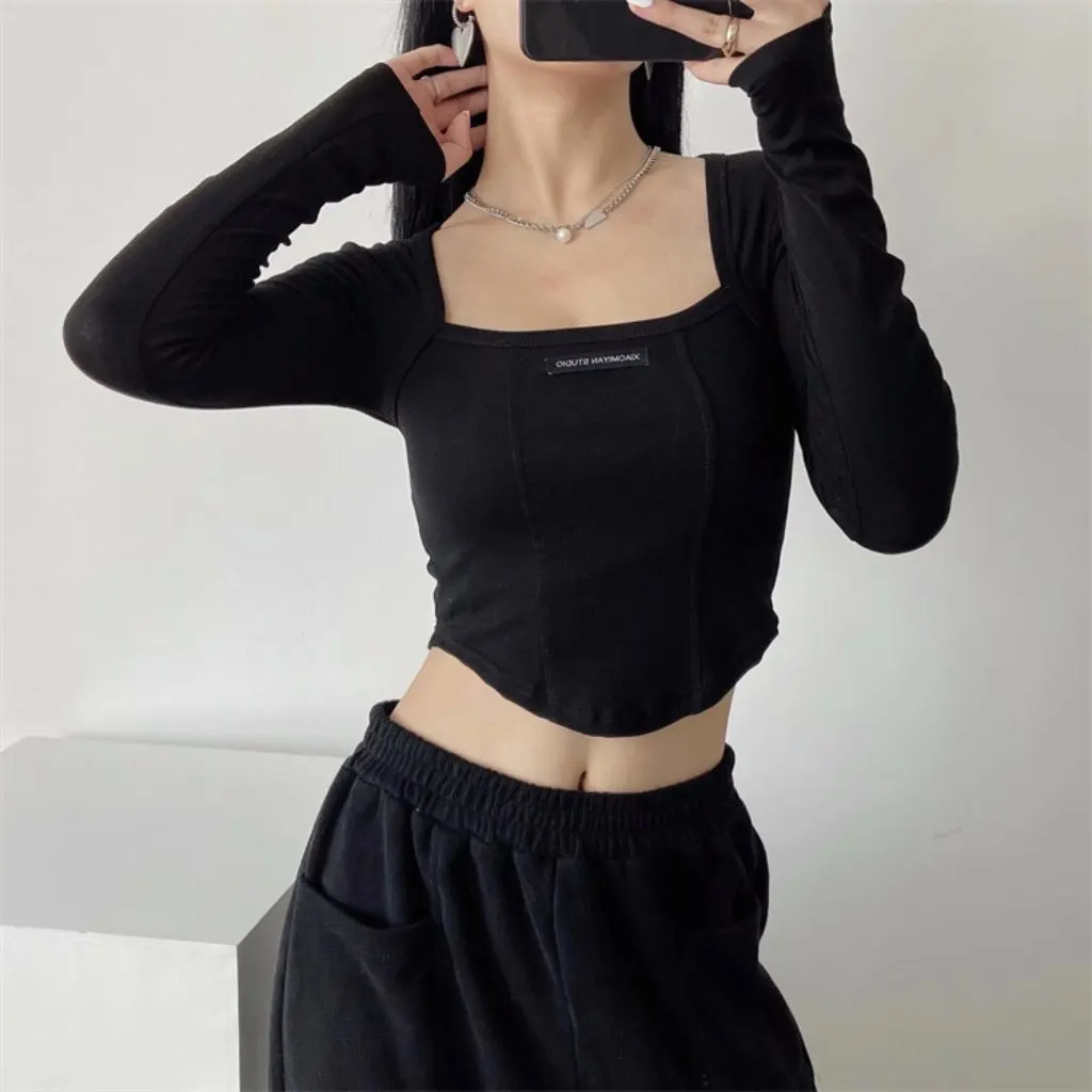 

YPFF женская модная повседневная футболка с большим воротником, облегающая футболка с длинным рукавом и высокой талией, короткая этикетка, топ в европейском и американском стиле