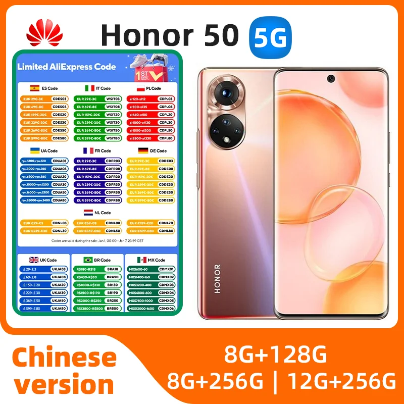 Honor 50 Smartphone 5G Global ROM 6.57 inch 108MP Camera 128GB/256GB ROM Mobile phones Android Google Play used phone