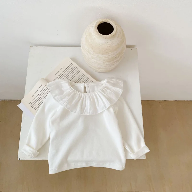 

1-3Y Baby Kids Cotton Bottoming Shirt for Children's Clothing Autumn Girls White Lotus Leaf Collar Long sleeve T-shirt Tops New