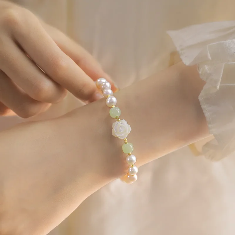 925 Sterling Silver Rose Bracelet for Women Summer Versatile Flower Pearl Bracelet Hand Jewelry Fashion Gifts
