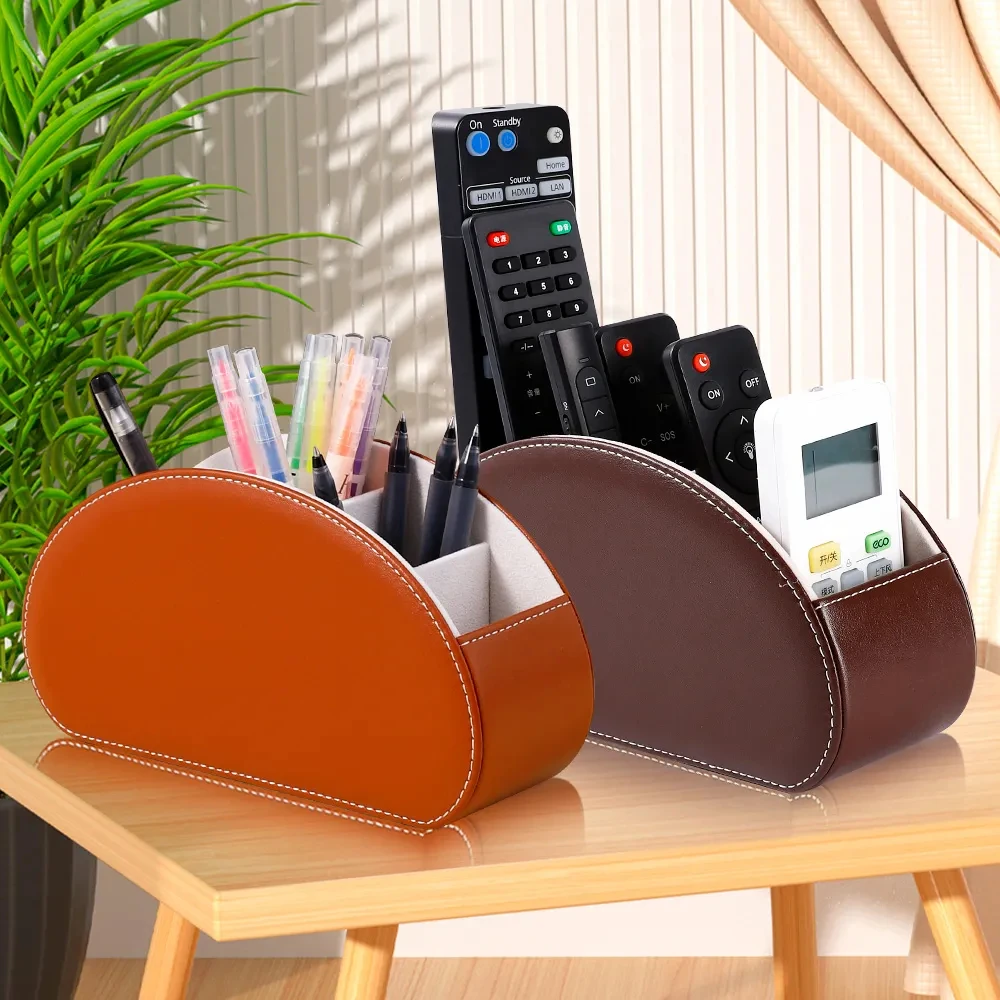 Desktop Pu Leather Organizer Remote Control Phone And Tv Holder Desk Storage Box Cosmetics Brush Storage Holder Organizations