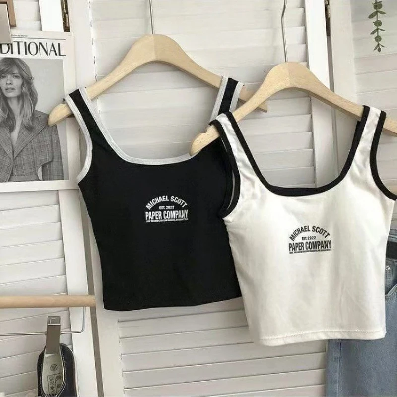 Athletic Letter Tank Top One-Piece Fixed Cups Cotton Outwear Bottoming Underwear