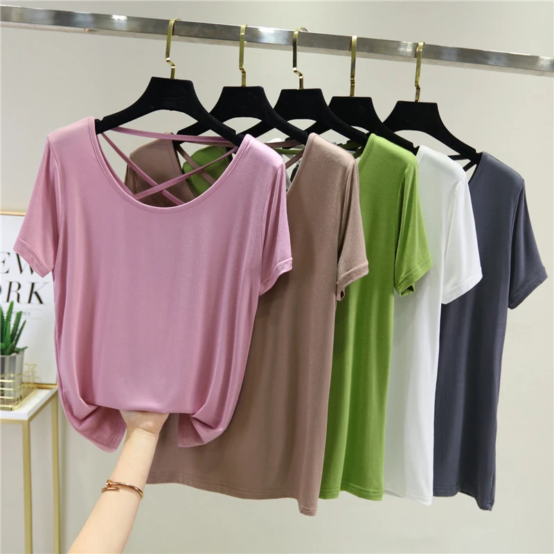 Backless T shirt Women's Summer Thin Modal Bottom Shirt Back Hollow Slimming Short Sleeve Top Solid Color T-shirt