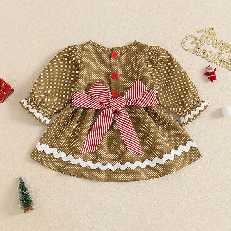 Toddler Girl Christmas Outfits Dot Long Sleeve Round Neck Button Dress with Candy Cane Waist Band Set Clothes