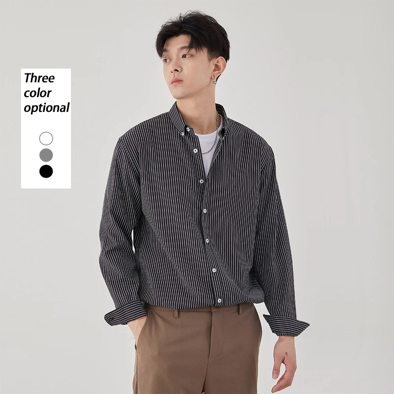 

Spring 2023 new light business youth shirt men's striped cardigan Japanese simple long sleeve casual men's shirt