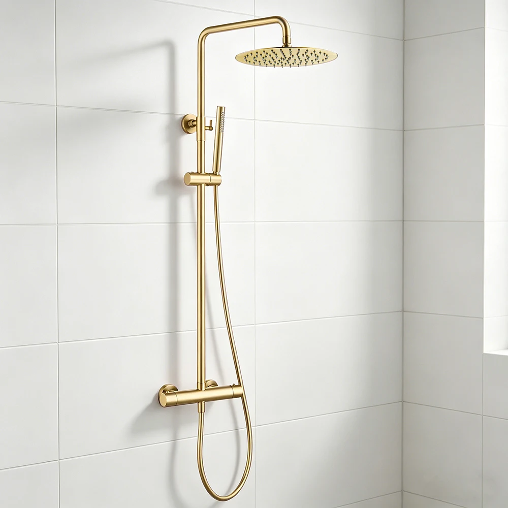 Wall Mounted Thermostatic Shower Set for Bathroom Brass Brushed Rose Gold Bath Faucet Shower System, Brushed Gold, Gunmetal