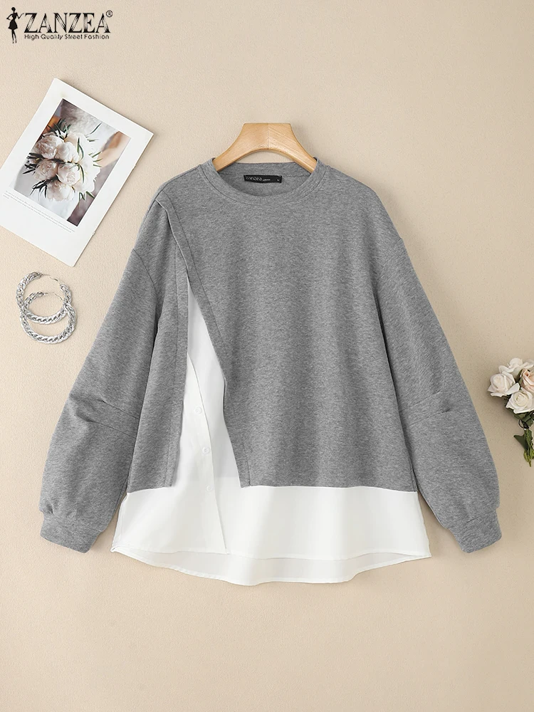 ZANZEA Mode Vrouwen Sweatshirts 2025 Herfst Patchwork Trui Casual O Hals Lange Mouw Tops Hoodies Nep 2 Stuks Sweatshirt