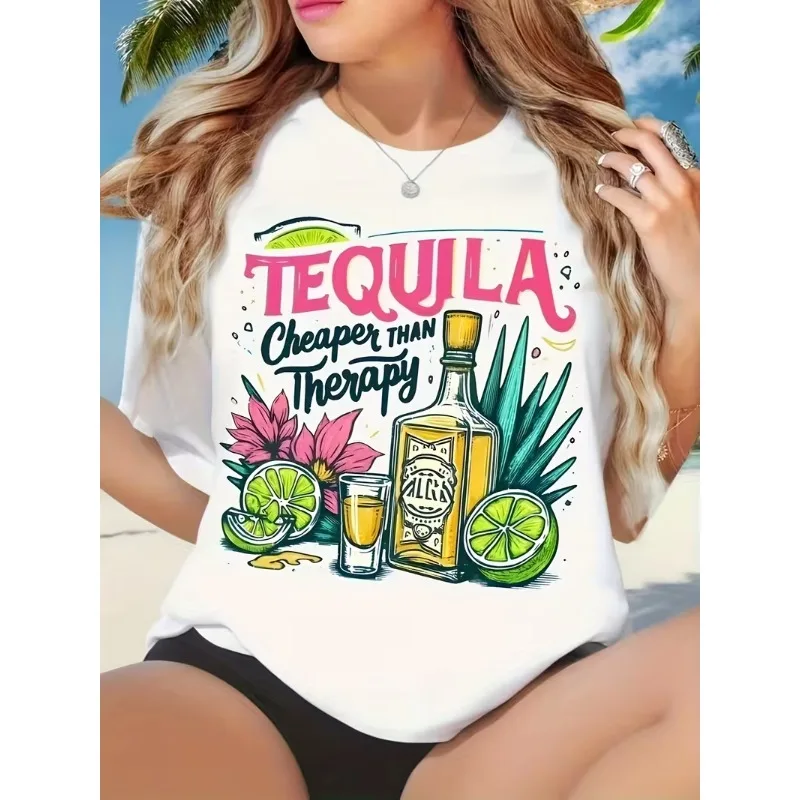 T-shirt coloré d'été à imprimé bouteille de tequila et citron vert, doux, décontracté, coupe ample, col rond, manches courtes pour femme, idéal pour les fêtes et les vacances