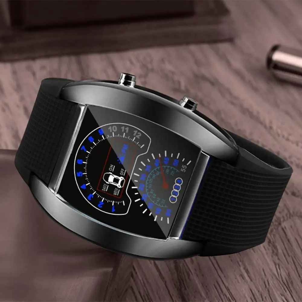 Date Time Display Electronic Watch Men LED Aviation Speedometer Sports Car Meter Dial Digital Wrist Watch
