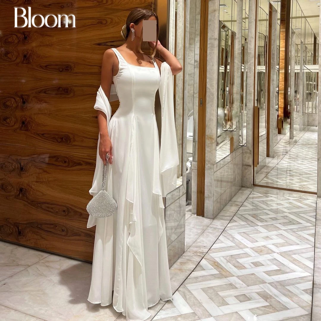 

Bloom Square Neck Simple Prom Dresses Sleeveless With Cape Ruffles Floor-length Formal Evening Dresses Wedding Party Gown