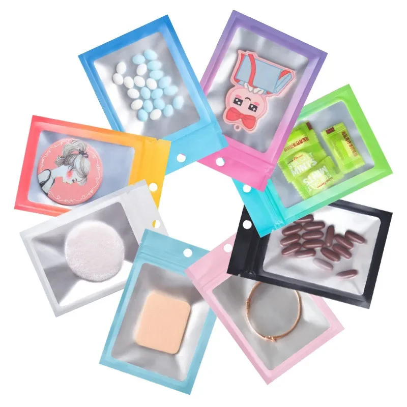 2000Pcs Colorful Clear Windiw Zip Lock Bag with Hang Hole Tear Notch Biscuits Candy Food Tea Reusable Storage Packaging Pouches