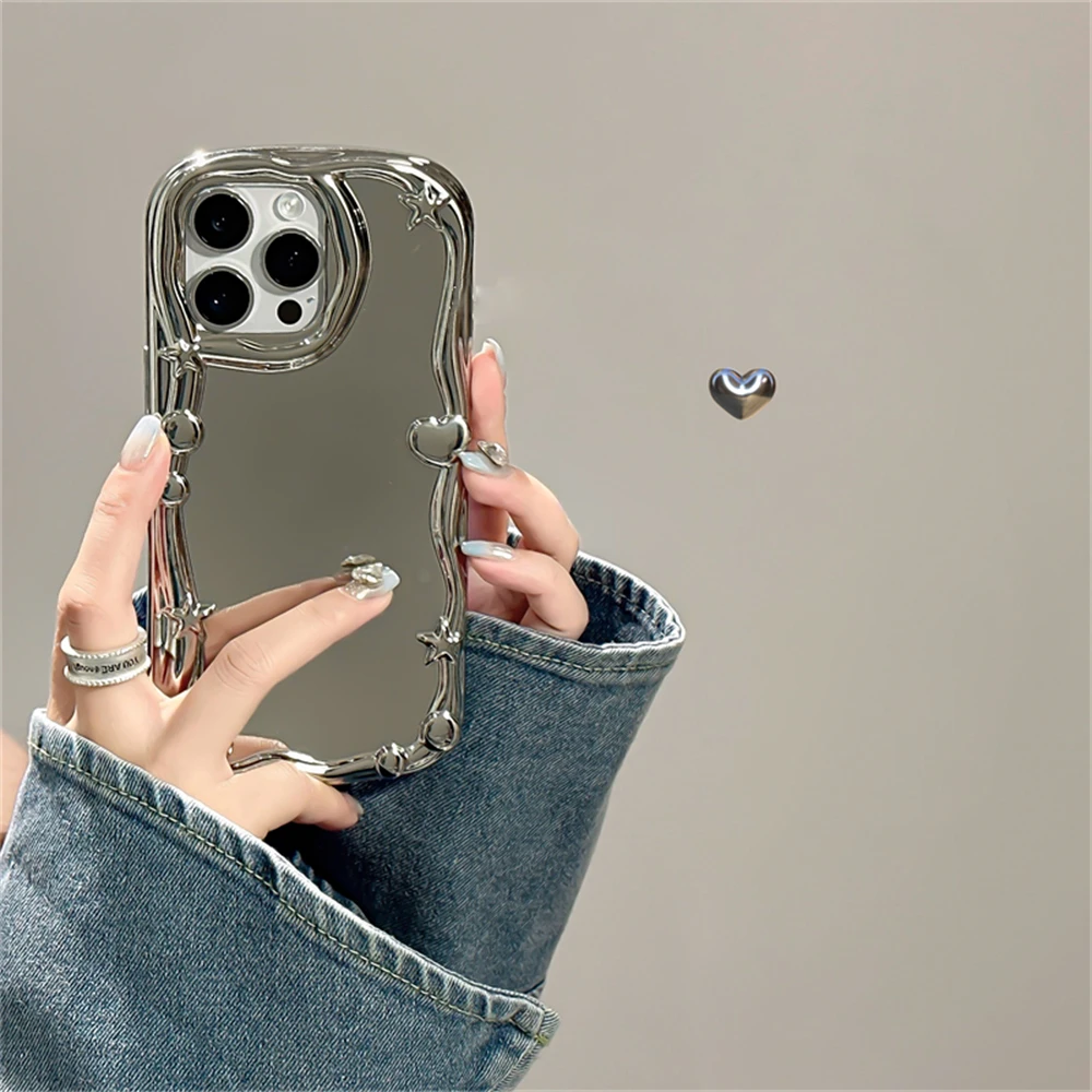 INS Luxury 3D Love Heart Star Ring Holder Stand Phone Case For iPhone 11 15 Pro Max 14 Pro 13 12 Silver Edge Soft Silicone Cover