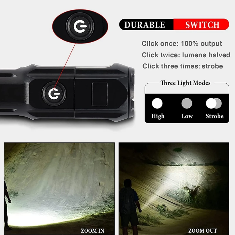 Senter terukur, 2000 lumen senter terang LED, 3 mode senter Mini, untuk membaca, mendaki, berkemah, bersepeda, dll