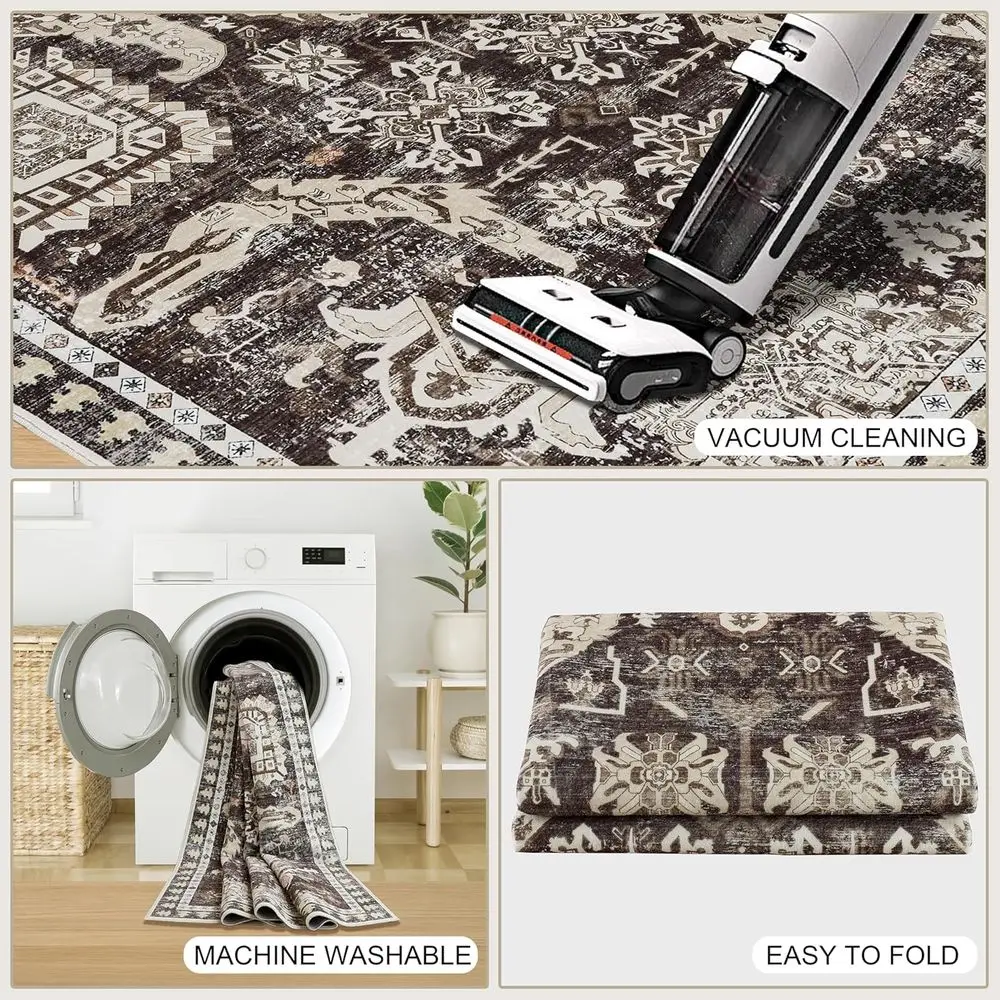 Karpet Boho yang Dapat Dicuci - Lembut Anti-Selip untuk Ruang Tamu, Kamar Tidur, Ruang Makan, Kamar Anak, Teras Dalam/Luar Ruangan - Cokelat Gaya Pedesaan