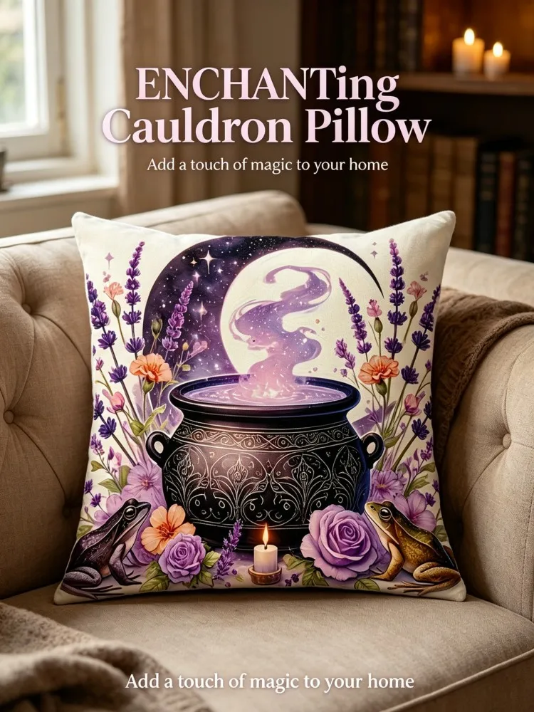 Witchy Cauldron Moon Kissenbezug, mystischer Lavendel- und Frosch-Kissenbezug für Boho-Heimdekoration